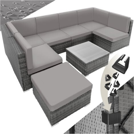 Garden Furniture Venice - set for 6 to 7 people, outdoor sofas, table and stool - garden sofa, garden corner sofa, rattan sofa - grey