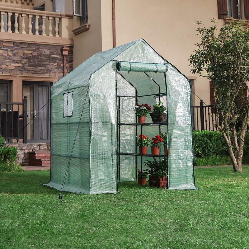 Garden Greenhouse Walk In Plant Shed With 10 Shelves Roll Up