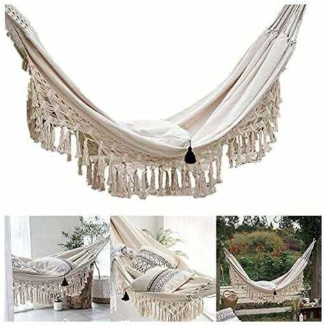 Garden Hammocks with Lace Tassels Backpack Cotton Camping Swing Load-bearing 250kg for Patio, Travel, Camping MUMU