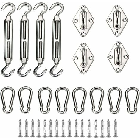 Garden Heavy Duty Sun Shade Sail Fixing Kit for Square and Triangle, Rectangle - 304 Stainless Steel (includes 4 x Pad Eyes, 4 x Turnbuckles, 8 x Snap Hooks, 16 x Screw)
