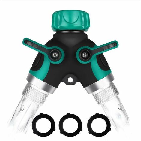 Garden Hose Splitter, 3/4 Zinc Alloy Distributor with 2 Valve Outlets, Suitable for Timers, Adjustable and Lockable Water Flow with 2 Connectors and 4 Washers