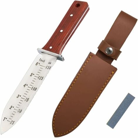 HÉLOISE Garden Knife - Stainless Steel Knife for Gardening, Landscaping and Excavation (with Red Wooden Handle and Brown Sheath)