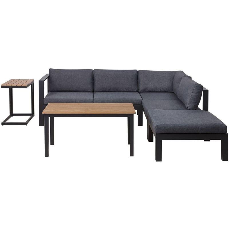 Modern 4 Piece Outdoor Corner Sofa with Table and Ottoman Grey Cushions Messina