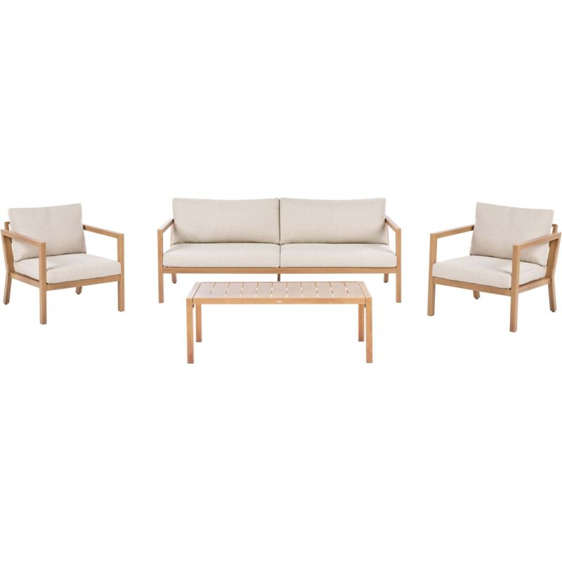 Beliani 5 Seater Garden Sofa Set Light Brown Metal Frame Heat Transfer Wood Imitation 3 Seater Sofa Armchairs With Cushions Modern Style Oneta