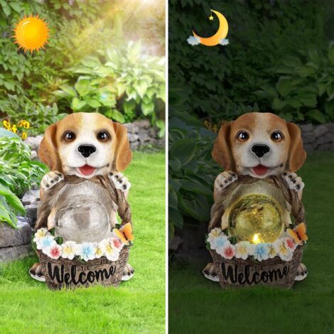 Garden Ornament, Solar Powered Dog Figurine Resin Garden Ornament with Cracked Glass Crystal Ball Solar Garden Statue LED Animal Ornaments