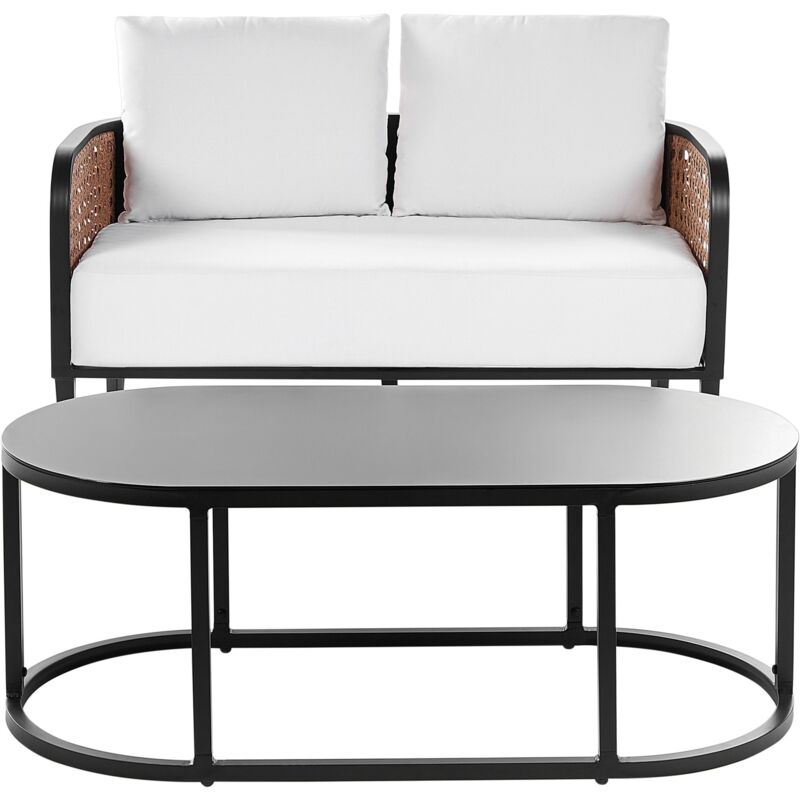 Beliani Garden Outdoor Metal 2 Seater Sofa Aluminum With Thick Water-repellent Cushions Viennese Braid Backrest Pe Rattan Coffee Table Off-white Montefalco