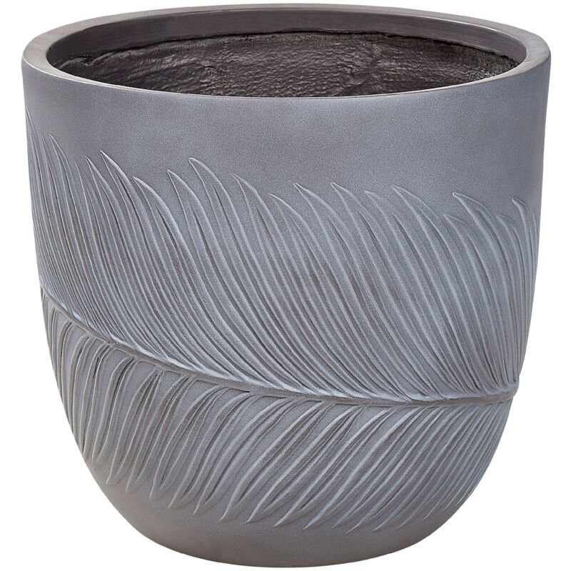 Beliani - Garden Outdoor Plant Pot Planter Leaf Motif Round Stone Clay Fibre 42x42x40 Cm Grey Ftero