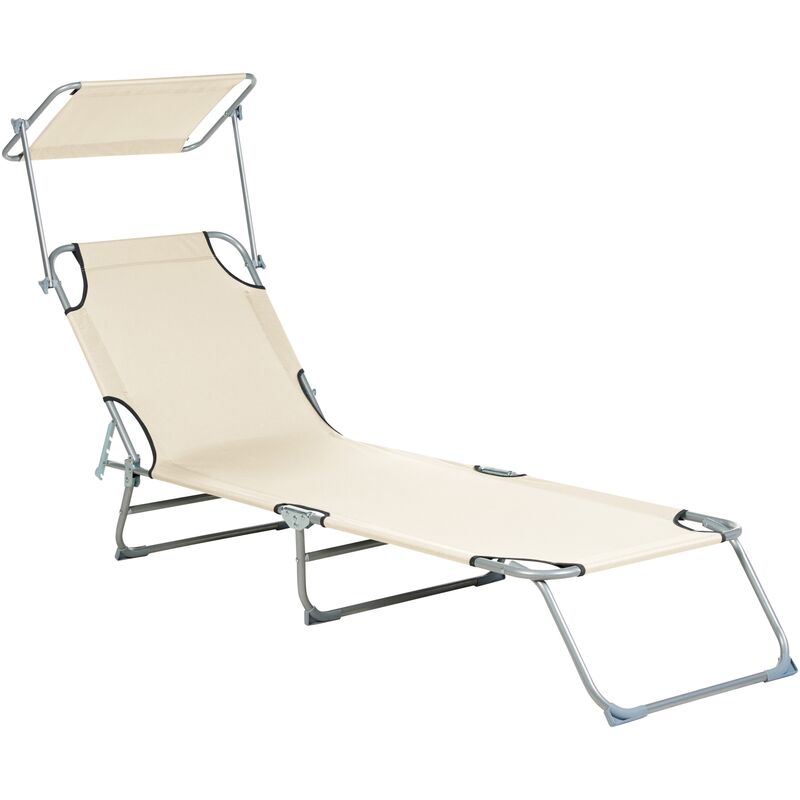 Image of Garden Patio Reclining Sun Lounger with Canopy Steel Foldable Cream Foligno - White