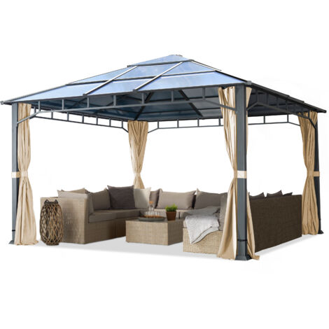 Garden pavilion 4x4 m aluminium polycarbonate roof poles approx. 8 mm pavilion garden tent 4 sides champagne