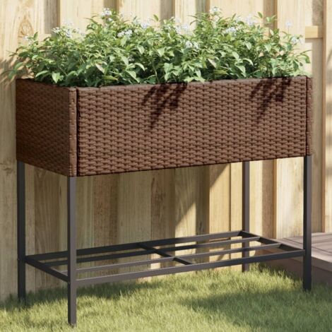 Garden Planter with Shelf Brown Poly Rattan vidaXL