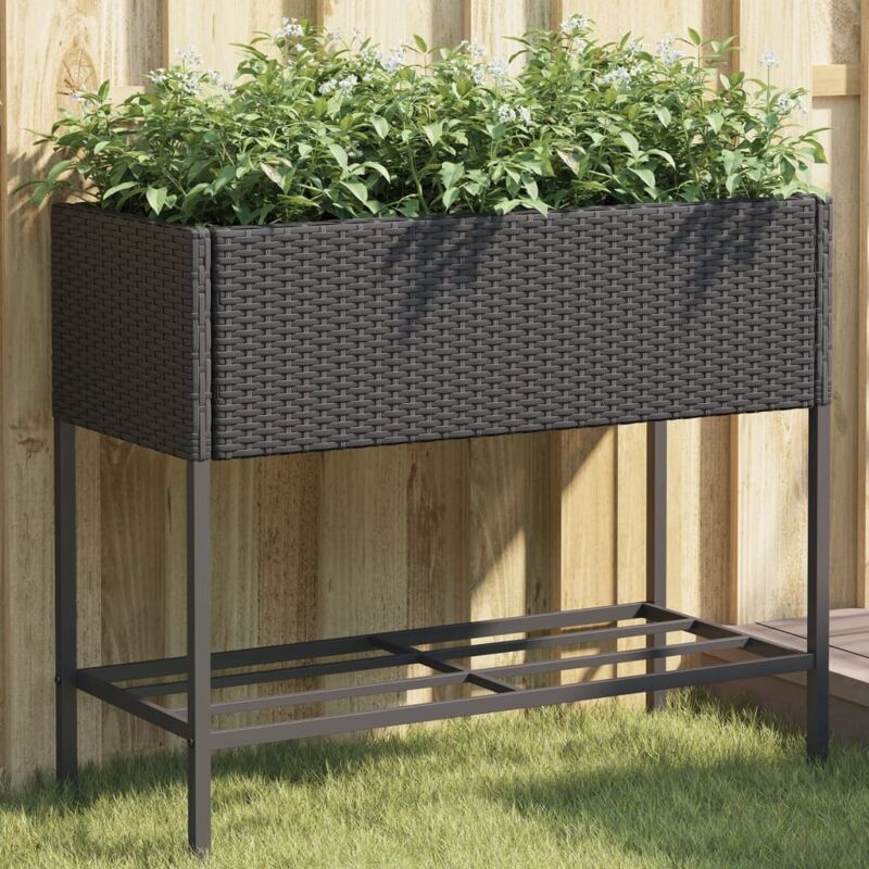Garden Planter With Shelf Black Poly Rattan Vidaxl