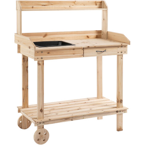 Garden Potting Bench Table, Wooden Work Station, Outdoor Planting Workbench with 2 Wheels, Sink, Drawer & Large Storage Spaces, 92x45x119cm