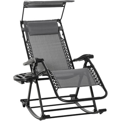Garden Rocking Chair Folding Recliner Outdoor Adjustable Sun Lounger Rocker Zero-Gravity Seat with Headrest Side Holder Patio Deck - Grey