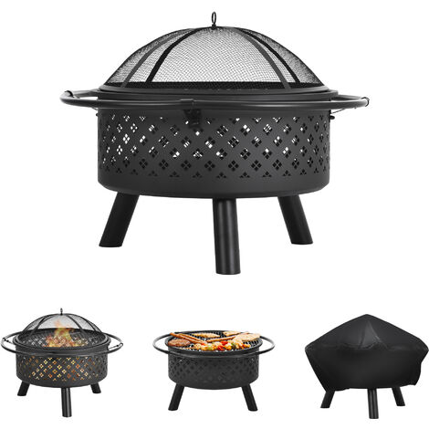 Garden Round Steel Fire Pit,Garden Patio Heater/Grill/Ice Pit With Waterproof Cover,3 In 1 Fire Pit Grill,Black