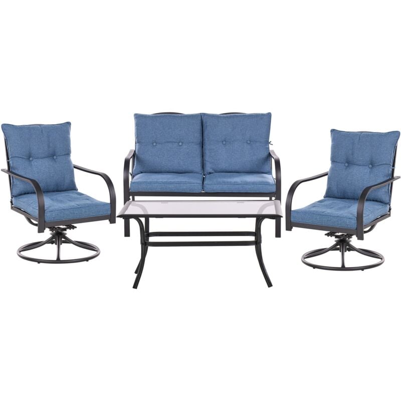Beliani - Garden Set 2 Seater Sofa 2 Armchairs Thick Cushions Steel Frame Blue Mestrino