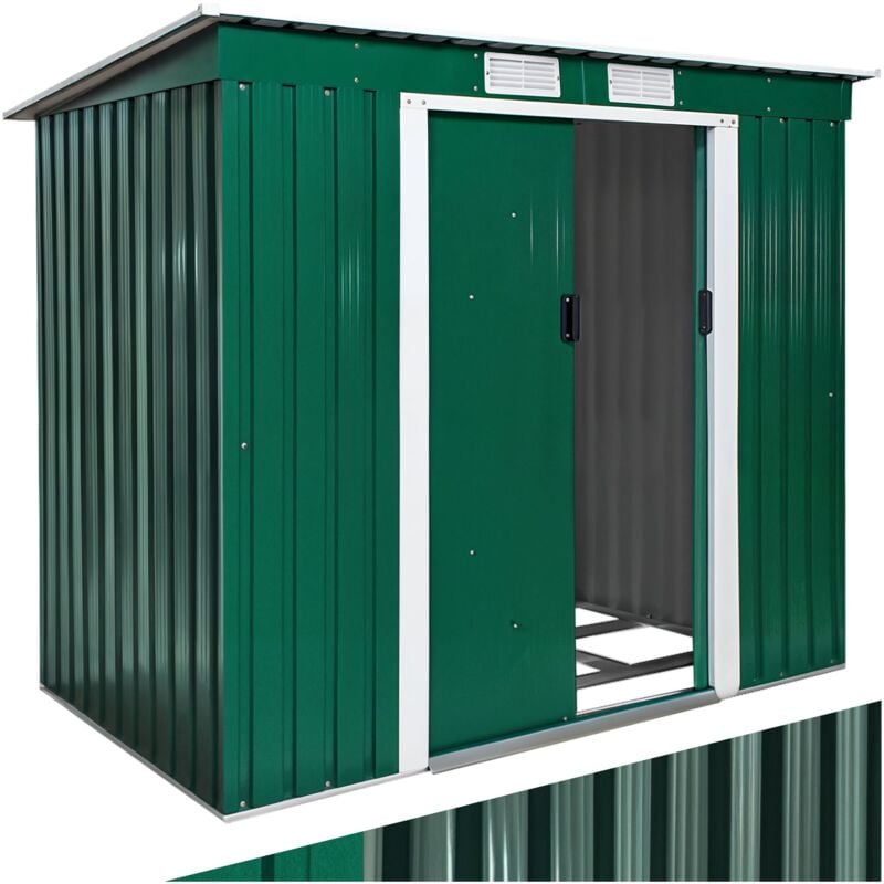 Tectake - Shed with slanted roof - garden shed, metal shed, tool shed - green/white - green/white