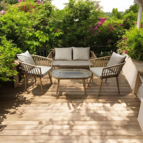 Garden Sofa Set (4 Pieces) - Rattan - Light Brown/Light Grey