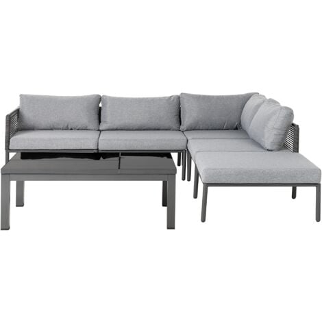 Garden Sofa Set Black Frame Grey Cushions Coffee Table Lift Top 6 Seater Forano