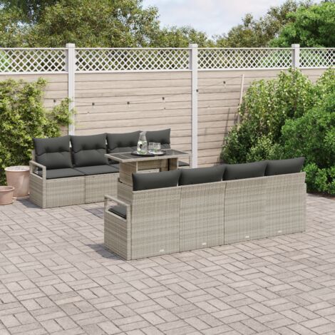 Garden Sofa Set with Storage 9 pcs Light Grey Poly Rattan vidaXL