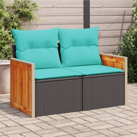 Garden Sofa with Cushions 2-Seater Black Poly Rattan vidaXL