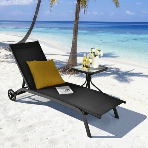 Garden Sun Lounger with Wheels 6 Positions Adjustable Chaise Lounge Deck Sunbed