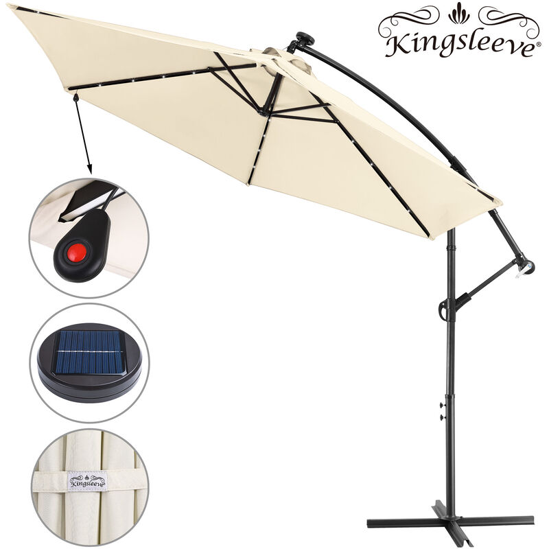 KINGSLEEVE® Haiti 3m Aluminium Cantilever Garden Parasol with LED Solar Lights and Protective Cover 300cm UV Protection 80+ Tiltable with Crank