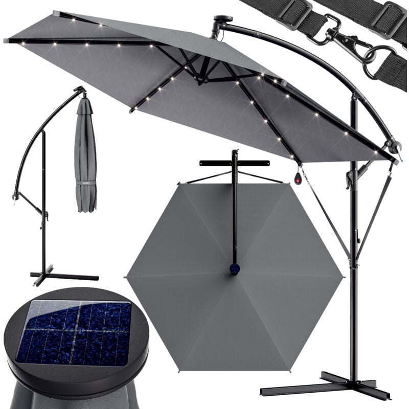 Kingsleeve - Haiti 3m Aluminium Cantilever Garden Parasol with led Solar Lights and Protective Cover 300cm uv Protection 80+ Tiltable with Crank