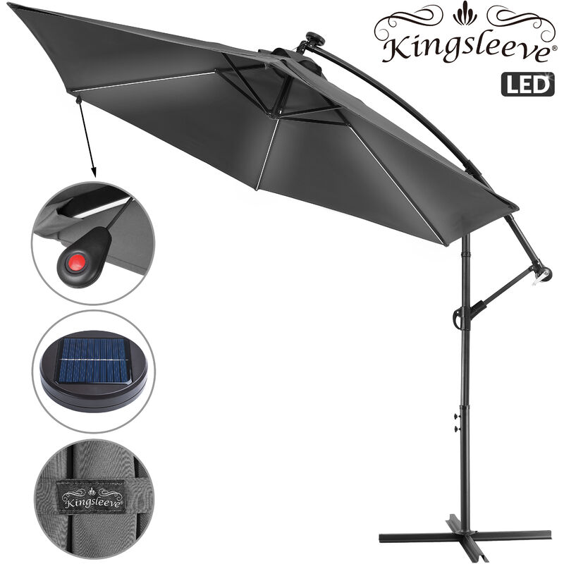 Mali 3.3m Aluminium Cantilever Garden Parasol with led Solar Lights and Protective Cover 330cm uv Protection 80+ Tiltable with Crank Handle Patio