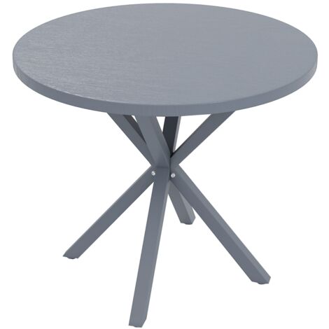 Garden Table, 85cm Round Outdoor Dining Table with Steel Frame, Wood Effect Top, for Balcony, Deck, Dark Grey