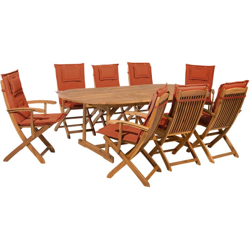 Beliani 8 Seater Garden Dining Set Oval Table Acacia Foldable Chairs Red Cushions Maui