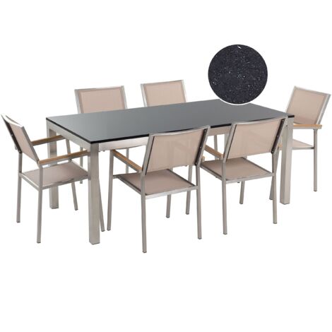 9 Piece Outdoor Dining Set Grey Polished Granite Table And Beige Grey Polished Granite Table And Beige
