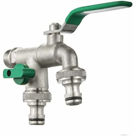 JALLERIA Garden tap with double outlet 1/2 - 3/4, brass outdoor tap, premium double connection and hose end, suitable for garden, household and industry