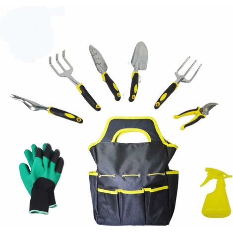 Garden Tools Set - 9 Pieces Heavy Duty Gardening Tools with Graft, Cultivator, Garden Trowel, Hand Weeder, Pruner, Glove Storage Organizer, Scoop WT02 Gold