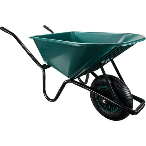 GLOBEWOLF Garden WHEELBARROW Heavy Duty 110Ltr Toughened Plastic Green Tray 150kg Barrow Loads 1 Wheel Equine Yard Gardening Barrow All Terrain Pneumatic Tyres for Gardeners or Equestrian Wheelbarrow