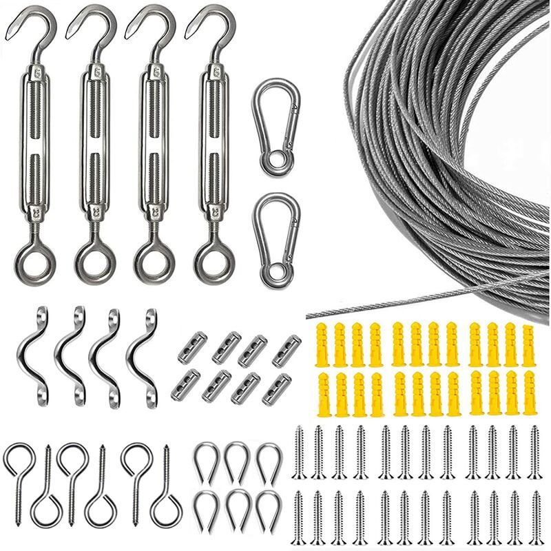 Image of Aougo - Garden Wire Roll Kit/Picture Wire/Wire Fence, Heavy Duty 304 Stainless Steel Wire Rope Kit, Wire Rope Tensioner for Sun Shade, Tent