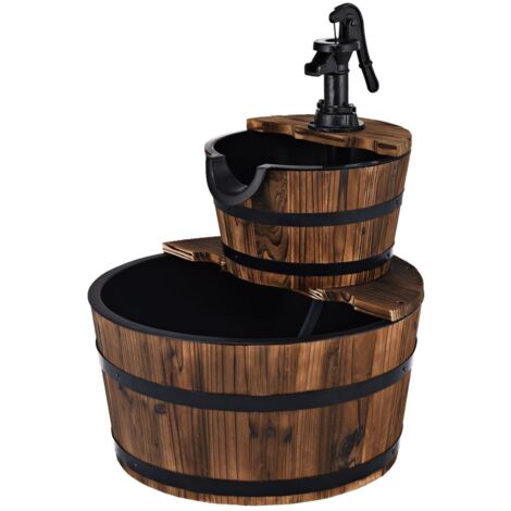 Garden Wooden Barrel Fountain 2 Floors Water Feature w/Pump