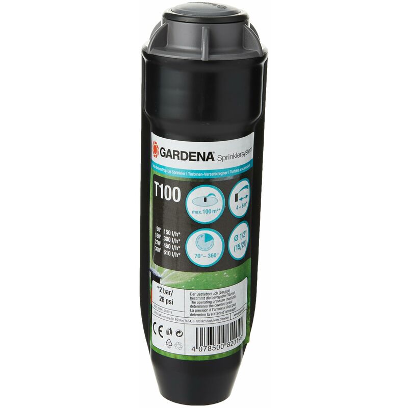 Image of Gardena - Sprinkler System Turbine Pop-up Sprinkler T100: sistema irrigazione prati più piccoli da 50 a 100 m², con campo tiro regolabile (4-6 m) e