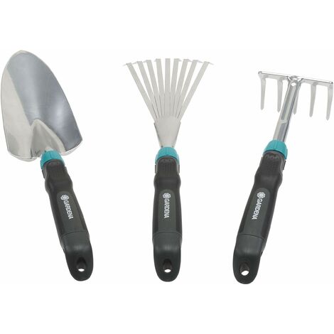 Gardena 8964-60 Set di Piccoli Attrezzi Comfort, Set Ideale per Aiuole e Balconi Composto da Cazzuola per Fiori, Piccola Scopa e Rastrello per Fiori, Metallico, Turchese, Nero