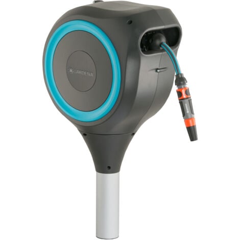 GARDENA Avvolgitubo da giardino automatico su puntale a vite RollUp S (azzurro): tubo 15 m incluso (18604-20)