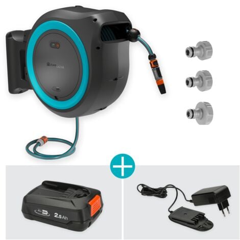 GARDENA Avvolgitubo da parete a batteria PowerRoll XXL POWER FOR ALL set: tubo da 40 m, riavvolgimento automatico, batteria e caricatore inclusi (18645-20)