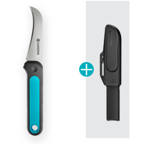 GARDENA Coltello da orto VeggieCut: per raccogliere, pulire e sbucciare verdure, manico antiscivolo, custodia da cintura con affilatore (12211-20)