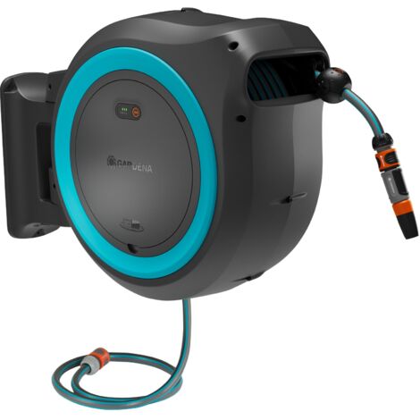 GARDENA Dévidoir automatique mural sur batterie PowerRoll XXL Solo. Sans batterie. Tuyau 40m. Bleu turquoise. Enroulement automatique (18645-55)