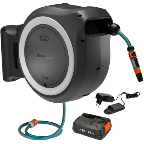 GARDENA Dévidoir automatique mural sur batterie PowerRoll XXL. Tuyau 40m. Blanc. Kit complet avec batterie. Enroulement automatique (18647-20)