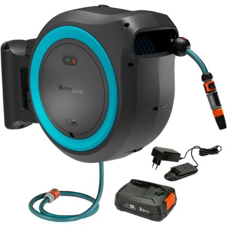 GARDENA Dévidoir automatique mural sur batterie PowerRoll XXL. Tuyau 40m. Bleu turquoise. Kit complet avec batterie. Enroulement automatique (18645-20)