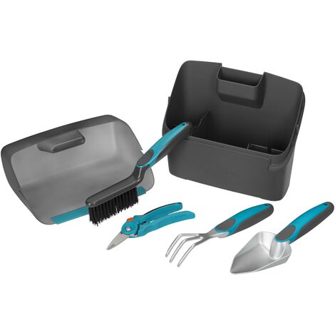 GARDENA Kit balcon. Composé de 1 transplantoir, 1 griffe à fleur, 1 balayette, 1 sécateur à herbe et à fleurs, 1 boîte de stockage (8970-20)