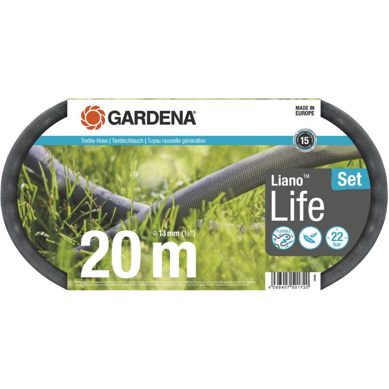 Kit tuyau Liano™Life 20m. Kit complet. Tuyau d'arrosage léger. 13 mm. Pression de rupture 22 bar. Tuyau textile. (18450-20) - Gardena
