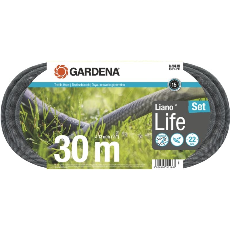 Kit tuyau Liano™Life 30m. Kit complet. Tuyau d'arrosage léger. 13 mm. Pression de rupture 22 bar. Tuyau textile. (18457-20) - Gardena
