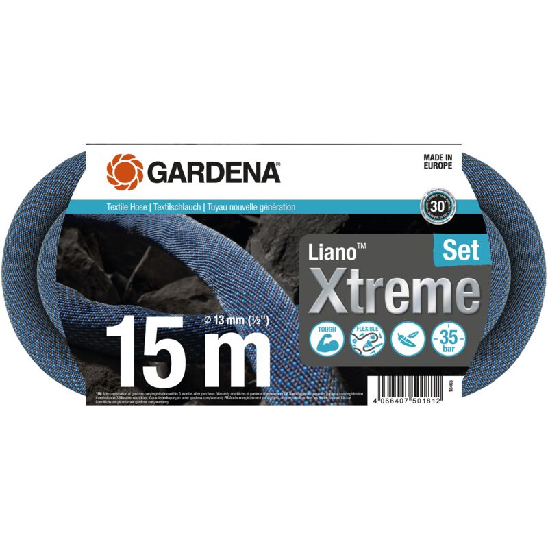 Gardena - Kit tuyau Liano™Xtreme 15m. Kit complet. Tuyau d'arrosage. Léger et très résistant. 13 mm. Pression de rupture 35 bar. Tuyau textile.