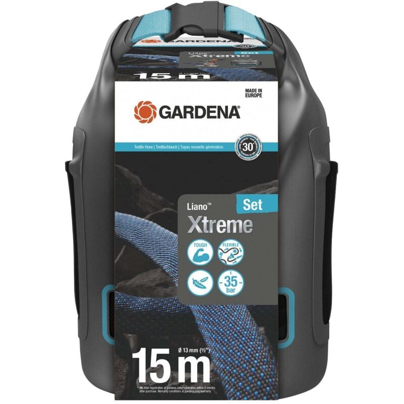 Kit tuyau Liano™Xtreme 15m + sac de rangement. Kit complet. Tuyau d'arrosage. Léger et très résistant. 13 mm. Pression de rupture 35 bar. Tuyau