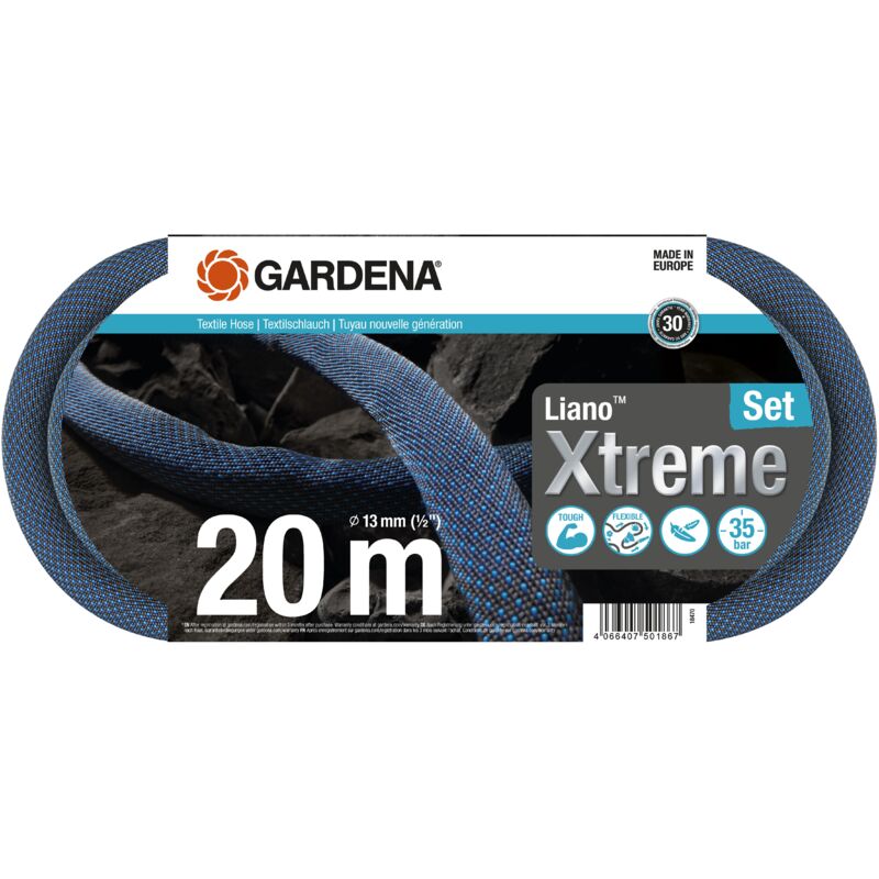 Gardena - Kit tuyau Liano™Xtreme 20m. Kit complet. Tuyau d'arrosage. Léger et très résistant. 13 mm. Pression de rupture 35 bar. Tuyau textile.